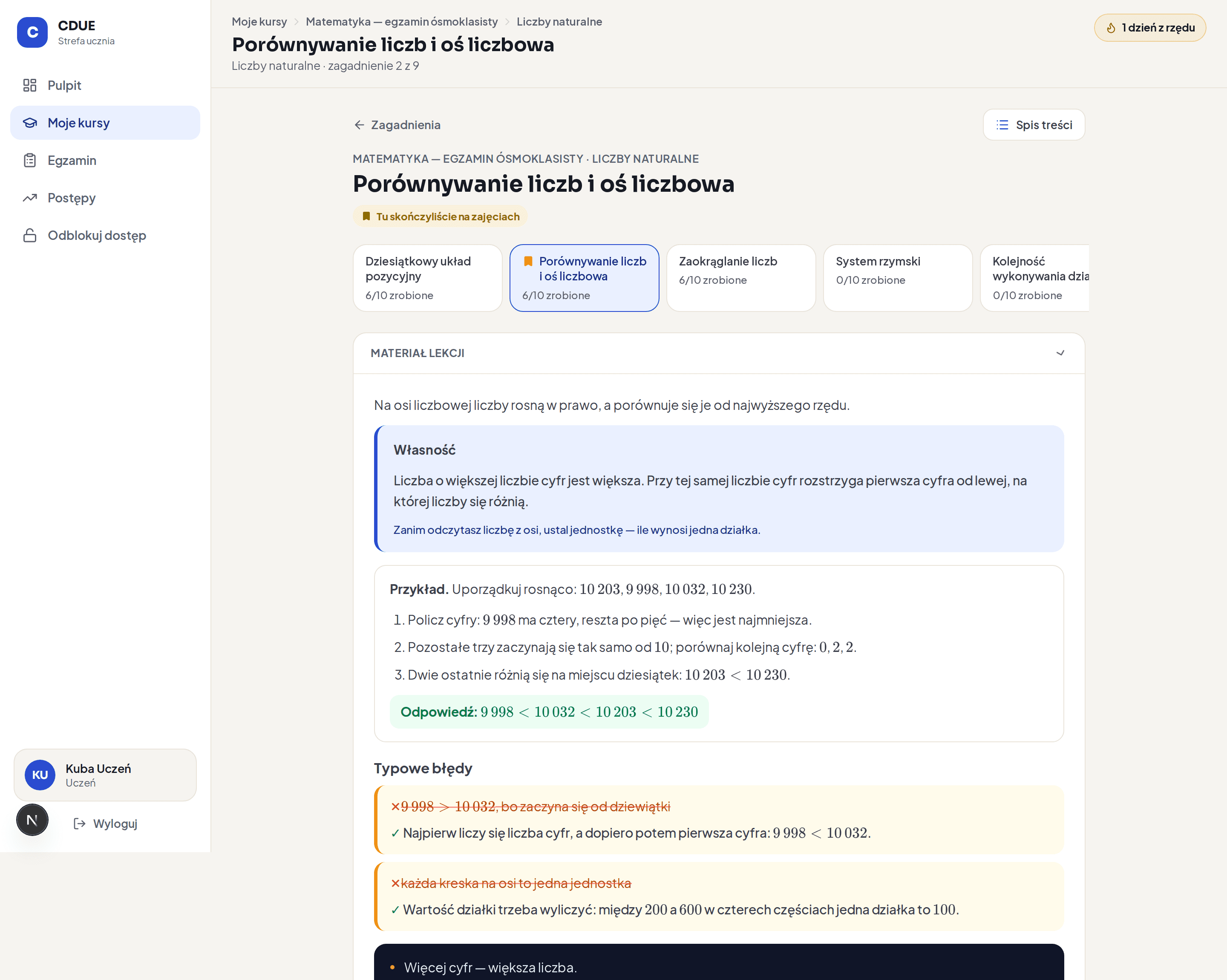 Widok lekcji na platformie CDUE E-learning: definicja w ramce i lista przykładów pod nią.