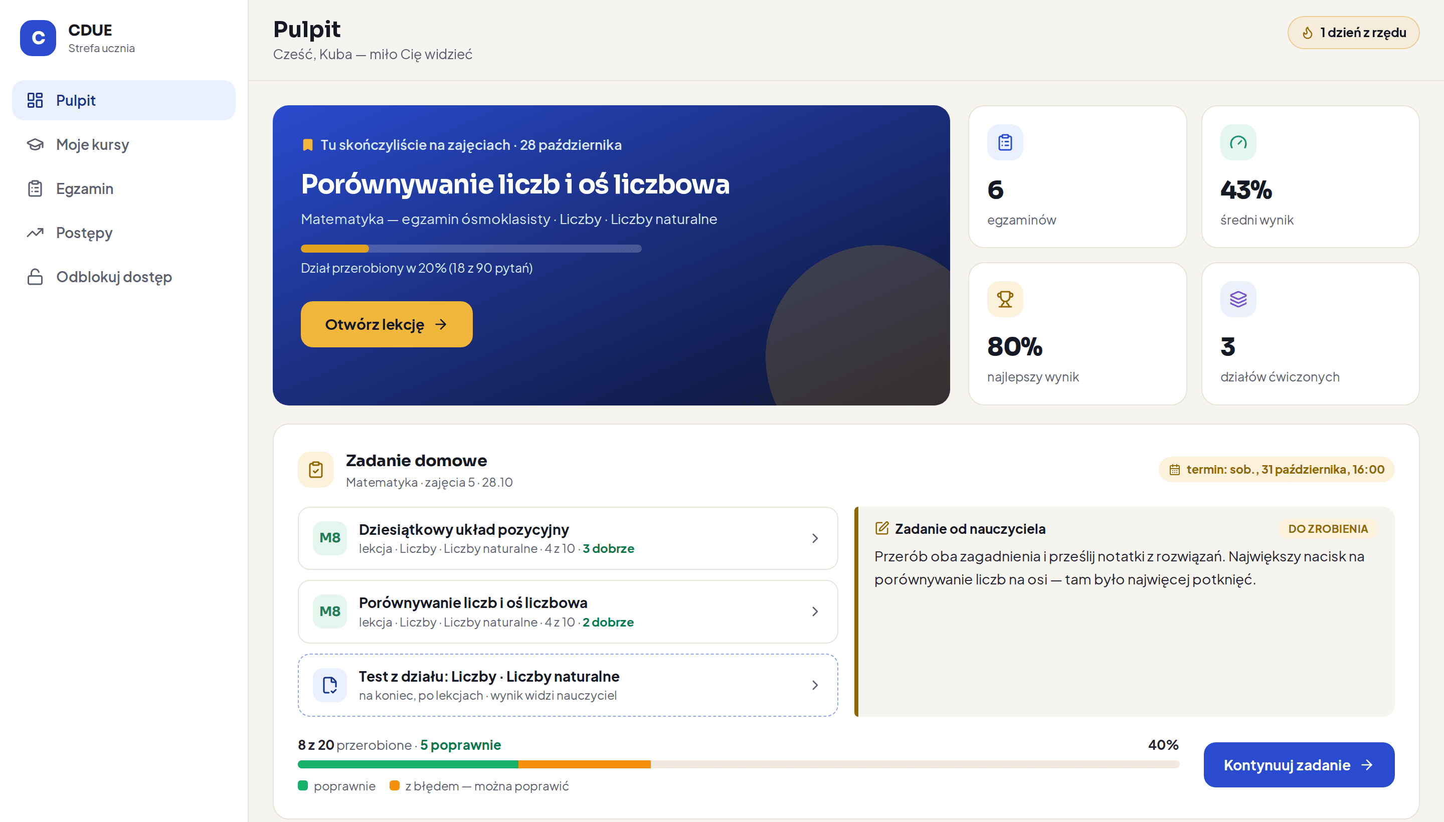 Pulpit ucznia na platformie CDUE E-learning z zakładką „tu skończyliśmy" i kaflem pracy domowej.