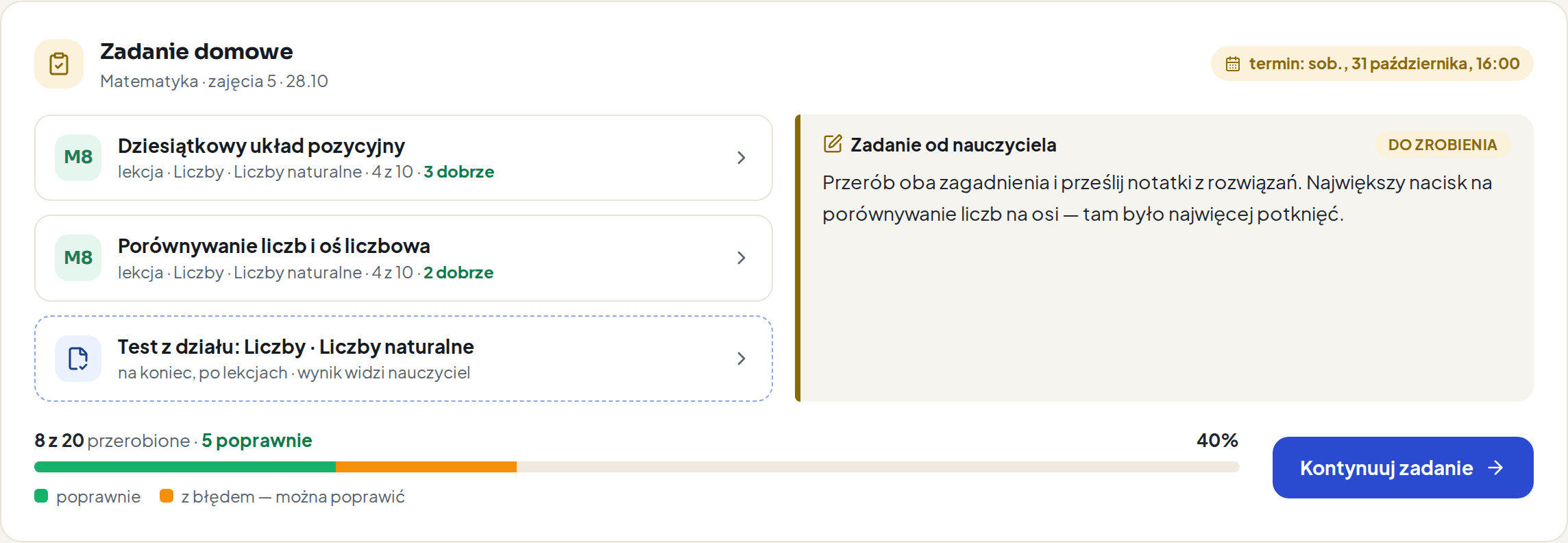 Zadanie domowe na platformie: lista lekcji, test z działu i dwubarwny pasek postępu przerobione–poprawnie.