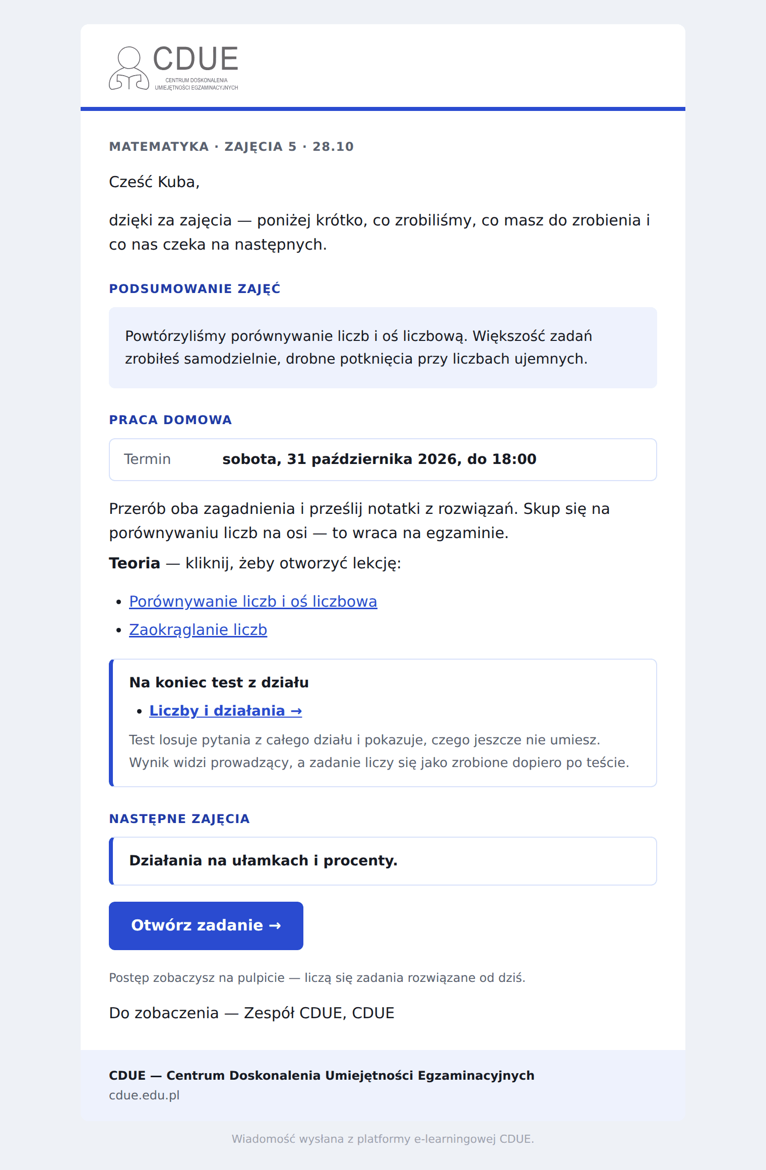 Mail po zajęciach z platformy CDUE E-learning: podsumowanie, praca domowa z linkami i termin następnych zajęć.