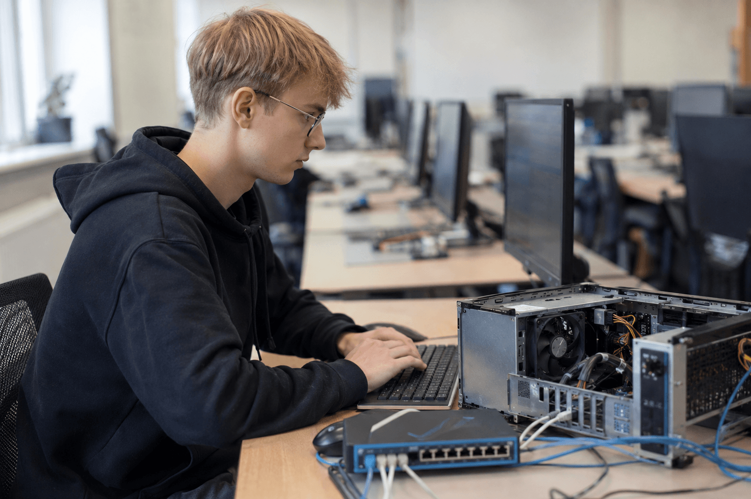 Uczeń technikum informatycznego pracuje przy komputerze i sprzęcie sieciowym w pracowni CDUE