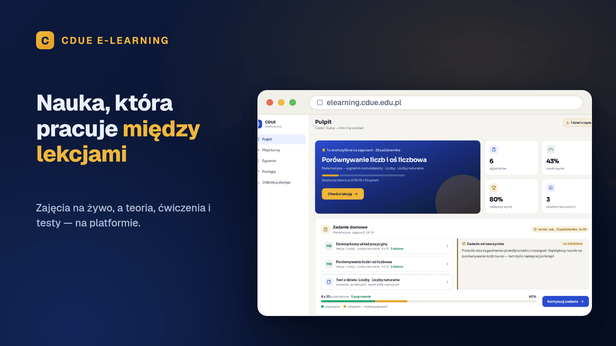 Pulpit ucznia na platformie CDUE E-learning w ramce przeglądarki na granatowym tle marki.
