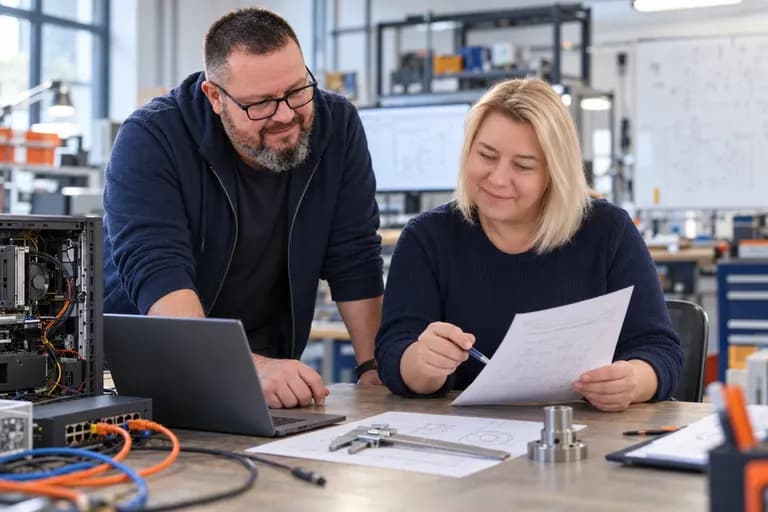Nauczyciele CDUE, matematyczka i informatyk, omawiają wyniki próbnego egzaminu w pracowni technicznej
