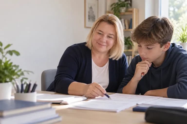 Nauczycielka matematyki CDUE tłumaczy zadanie ósmoklasiście przy stole