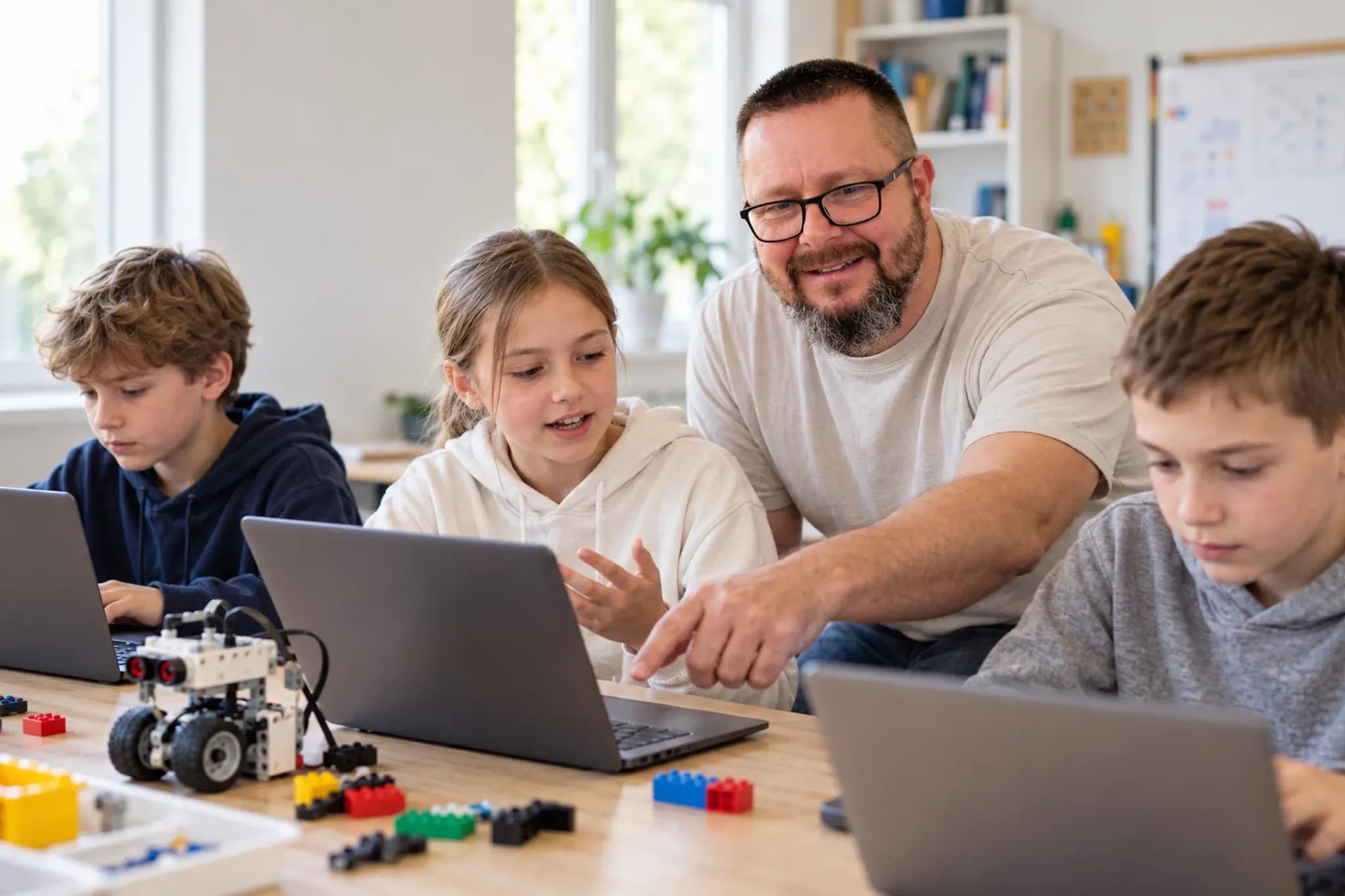 Prowadzący CDUE pomaga dzieciom przy laptopach na zajęciach z programowania, na stole robot i klocki