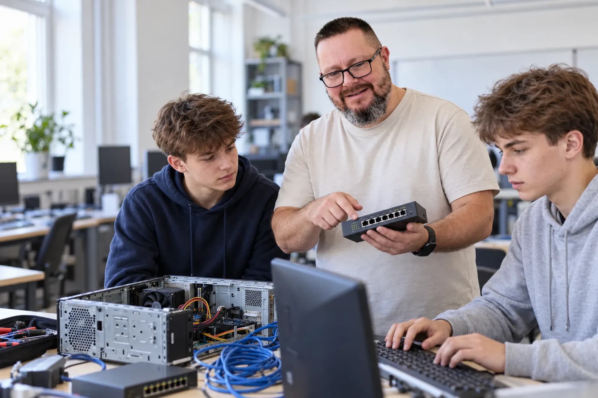 Trener CDUE pokazuje uczniom switch sieciowy przy rozkręconym komputerze w pracowni