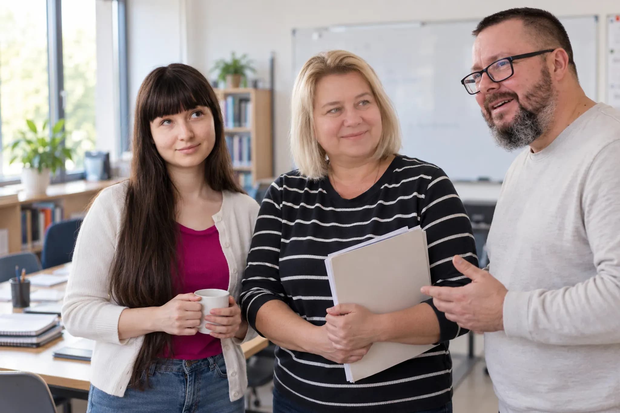 Zespół CDUE — nauczycielka matematyki, nauczycielka języka polskiego i trener IT w sali zajęciowej w Bydgoszczy